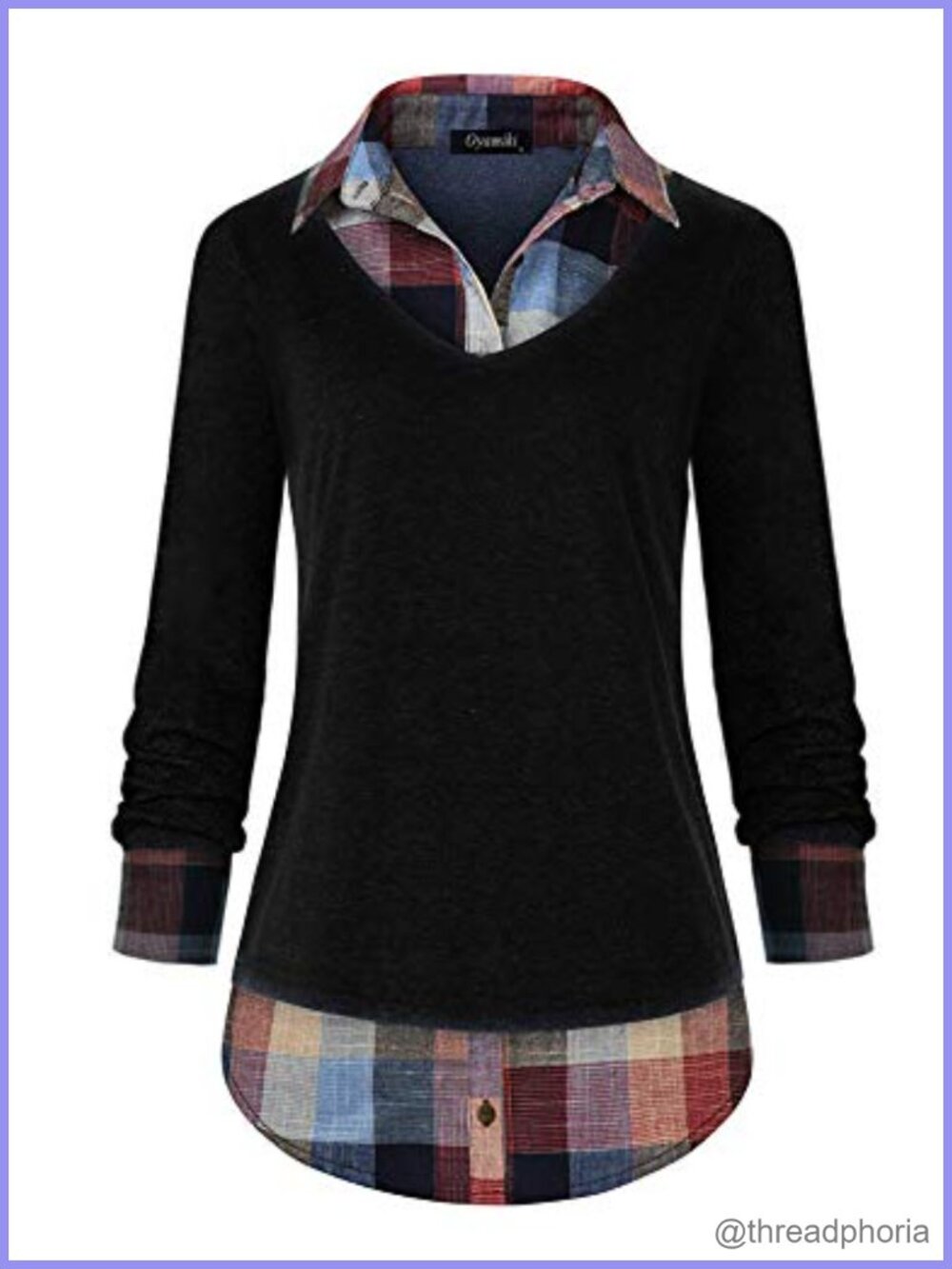 Women's Collared 2 in 1 Pullover Tunic Top Plaid Contrast Blouse